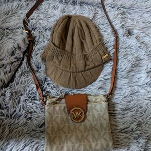 Michael Kors Beige Crossbody Bag and Brown Knit Hat